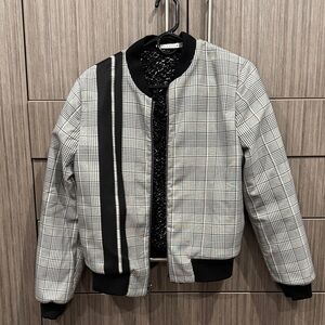Alice + Olivia REVERSIBLE Black & Gray Plaid Bomber Jacket - 2 in 1